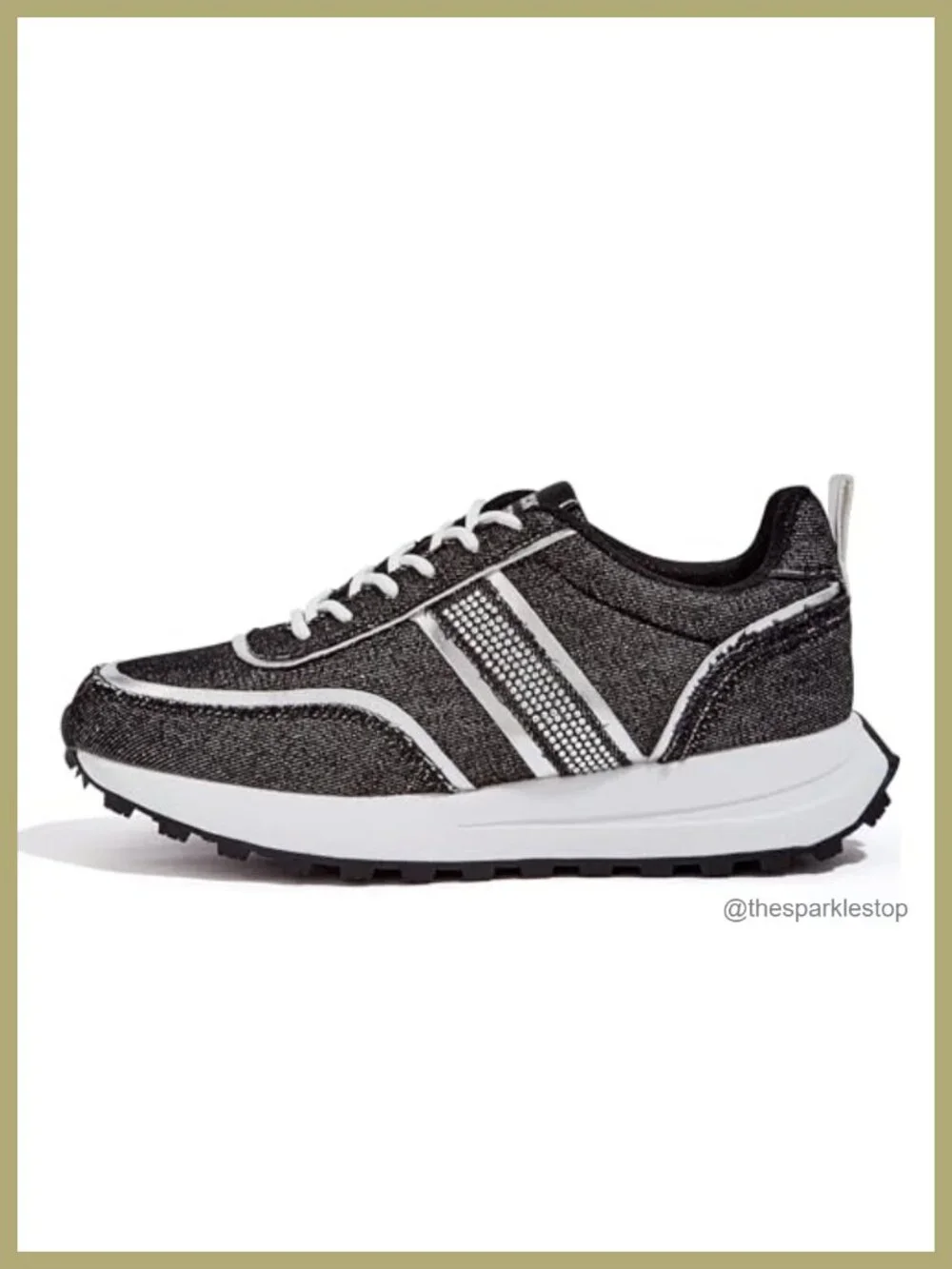 Women Retro Platform Walking Sneakers Faux Leather Rhinestone Lace-Up Low Top